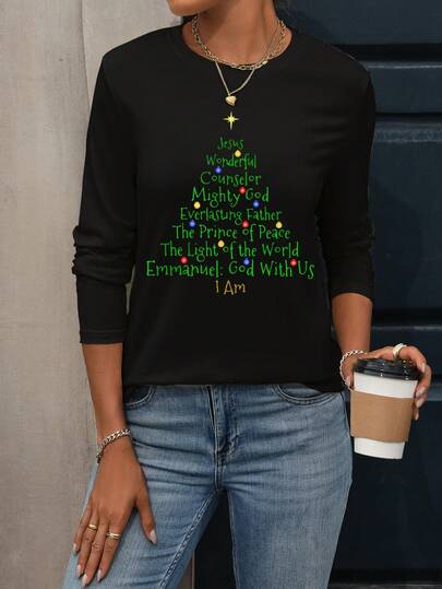 Camiseta de manga larga con cuello redondo informal para mujer, parte superior con gráfico de lema de árbol de Navidad, suéter de Navidad para mujer, ropa de otoño/invierno para mujer