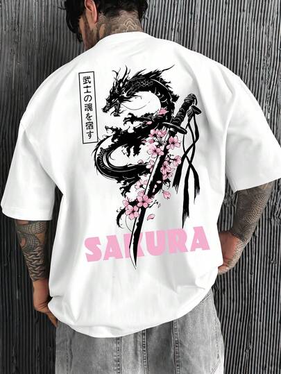 Camiseta de cuello redondo con estampado de dragón y espada de flor de cerezo japonesa de Tokio, blanca