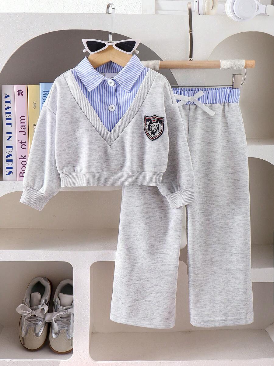 2件套女童学院风二合一长袖上衣和蝴蝶结长裤套装，春秋季 - 淺灰色 - 查看 1