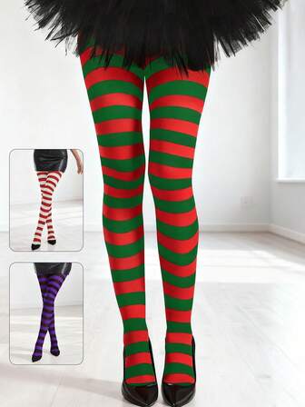 1 Assorted Colorblock Striped Christmas Tights , Women's Festive Colorblock Tights That Are Bold And Cheerful For Holiday Role Play (One Size Fits All), Cozy