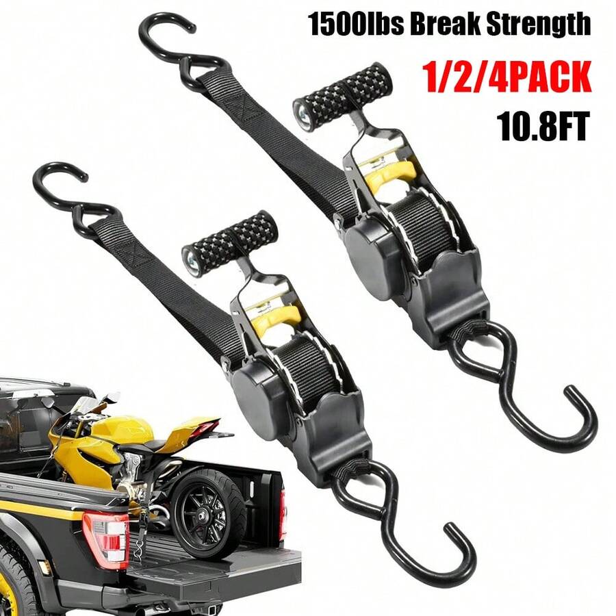 1/2/4 Pack Heavy Duty Auto Retractable Ratchet Strap 1IN X 10FT W/Grip T Handle Perfect For Securing Cargo, Motorcycle & Boats Min. Breaking Strength 1,500LBS Per Strap - Black