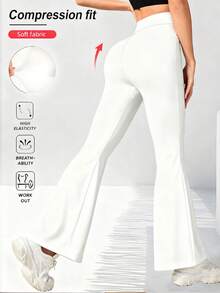 Quần ống loe cạp chéo nữ, quần thể thao yoga màu trơn bằng polyester co giãn cao, quần dài cạp chéo dáng suông, quần legging tập luyện ôm sát màu trơn phù hợp cho mọi mùa, quần ống rộng vải dệt kim phù hợp cho tập thể dục và mặc thường ngày, màu trắng mùa xuân - trắng - Xem 6