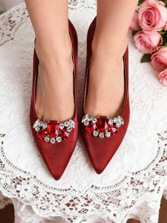 2pcs Red & White Artificial Crystal Rhinestone Hollow Clip-On Accessories, Princess Style Jewelry, Suitable For Bridal Wedding High Heels And Outfits