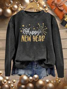 Women'S Casual Crew Neck Long Sleeve Sweatshirt, Festive Happy New Year Firework Print, Knit Polyester Blend With Medium Stretch, All Season Comfort Fit Toplong Sleeve Tops Long-Sleeved T-Shirt Winter Clothes For Women Fall Clothes For Women Christmas Outfit Women Christmas Decor Shirt - 深灰色 - 查看 9