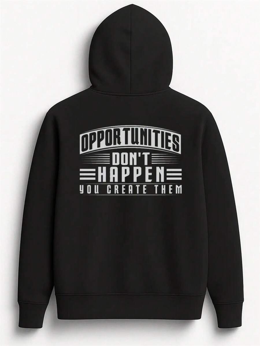 1 Pieza Sudadera Inspiradora para Hombre con Las Oportunidades No Te Llegan,ú Las Creaú Mismo Impreso en la Parte Posterior - Estilo de Letras Negras, Sudadera Casual de Gimnasio de Ajuste Holgado, Adecuada para Todas las Estaciones, Ropa Deportiva Duradera Lavable aáquina - Negro - Ver 1