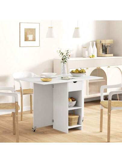 HOMCOM Folding Dining Table, Mobile Kitchen Tafel People Open Shelves, Drawer, Small Spaces, 114.5 70 75, Wit view 5