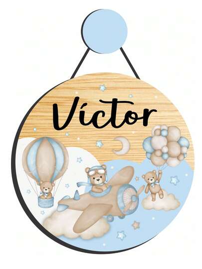 Enfeite Porta Maternidade Urso Aviador Aquarela 3 - Decoração quarto infantil - bebê. Nome personalizado em 3d. Pendurador Incluso. Guirlanda Redonda.