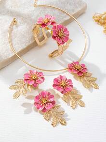 Bộ trang sức hoa thanh lịch 5 món, bao gồm 1 đôi bông tai, 1 vòng cổ, 1 vòng tay, 1 nhẫn, thích hợp cho phụ nữ, quà tặng quyến rũ cho đám cưới/tiệc tùng - Màu Hồng Tươi - Xem 5