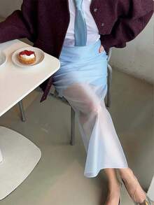 女士时尚宽松黑色半身裙，优雅网纱拼接A字裙，涤纶材质，春夏款 - 藍色 - 查看 6