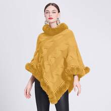 1pc Women Loose Knit Poncho Sweater With Fur Collar, Thick Outerwear Cloak Top
