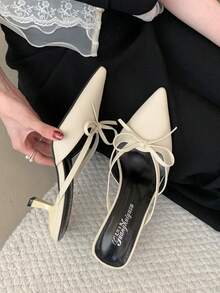French Pointed Toe Mid-Heel High Heels, Bowknot Strap Mules, Fashion Thin Strap Backless Slide Sandals For Women, Versatile For Spring & Autumn,Kitten Heels