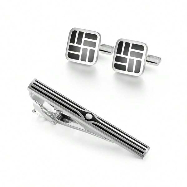 1 Paar schwarze gestreifte Manschettenknöpfe und 1 passendes gestreiftes Krawattenclip Set, für Hemd und Anzug Koordination