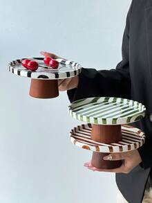 1pc Classic Retro Ceramic Striped Tray, Nordic Minimalist INS Style Classic Striped Pedestal Serving Plate, Suitable For Photography Shooting, Afternoon Tea Snacks & Desserts, Party Gatherings, Bedroom Jewelry Storage Tray - 彩色 - 查看 4