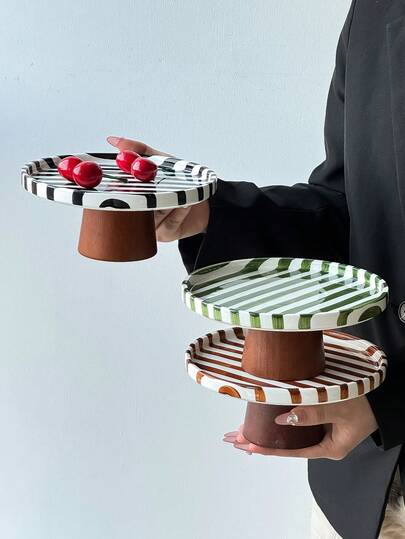 1pc Classic Retro Ceramic Striped Tray, Nordic Minimalist INS Style Classic Striped Pedestal Serving Plate, Suitable For Photography Shooting, Afternoon Tea Snacks & Desserts, Party Gatherings, Bedroom Jewelry Storage Tray