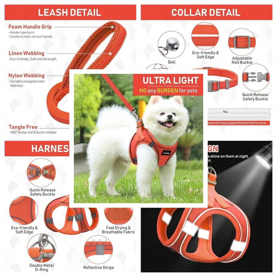 GAMUDA Small Pet Harness Collar And Leash Set, Step In No Chock No Pull Linen Fabric Soft Mesh Dog Vest Harnesses Reflective For Dogs Puppy Cats Kitten Rabbit (Orange, XXS) - Orange - View 1
