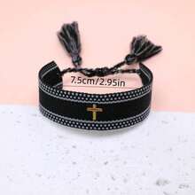 1pc Embroidered Cross Boho Handmade Woven Tassel Bracelet - Black - View 5