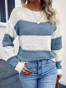 Contrast Color Striped Casual Pullover Sweater - Blue - View 4