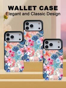 1PC Ocean Shell Starfish Seahorse Tropical Flower Summer Vacation Style Phone Case, TPU+PC Dual-Layer Material, Handcrafted Custom Design, Premium Fashionable Faux Leather Flip Wallet Card Holder Cover, Compatible With IPhone 17/16/15/14/13/12/X/PLUS/PRO/PROMAX, Galaxy S25/S24/S23/S22PLUS/Ultra, Waterproof Shockproof Scratch Resistant - 粉色 - 查看 6