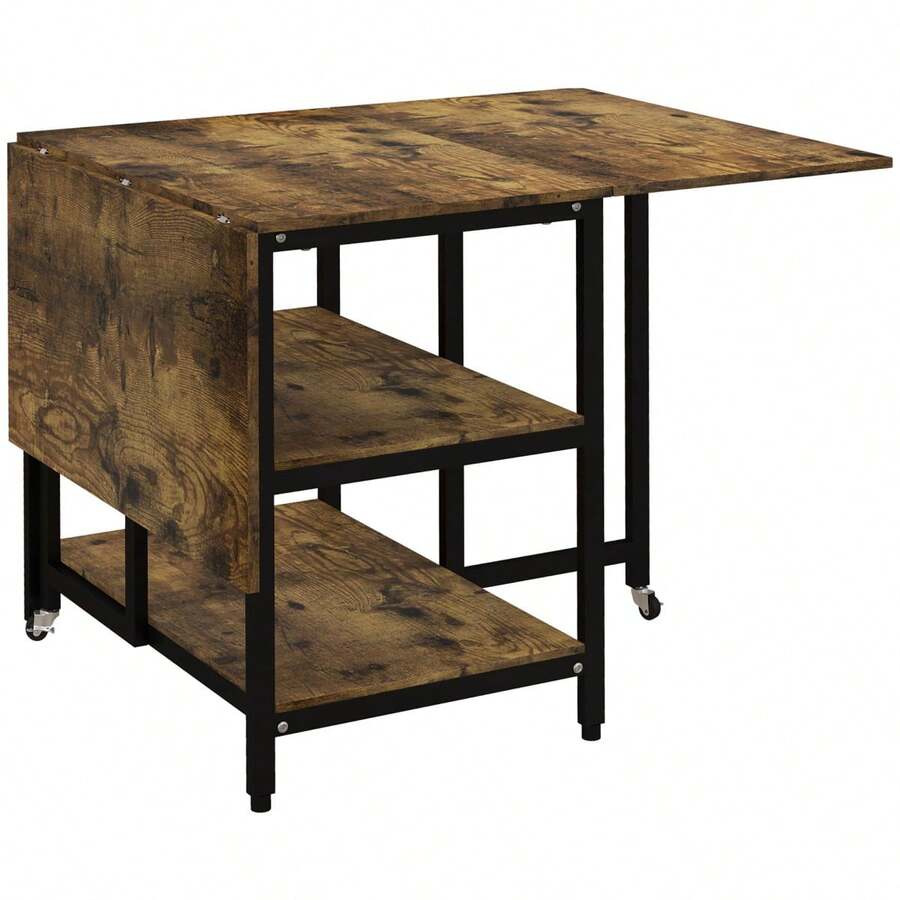 HOMCOM Folding Dining Table With Wheels 140x80cm For 2-6 People, 2 Shelves, Rustic Brown Steel - 1 - 查看 1