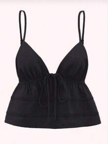Kliou Fashion Simple Women's Casual Tank Top Plain Lace Top With Bow Summer Knot Beach Vacation - 黑色 - 查看 1