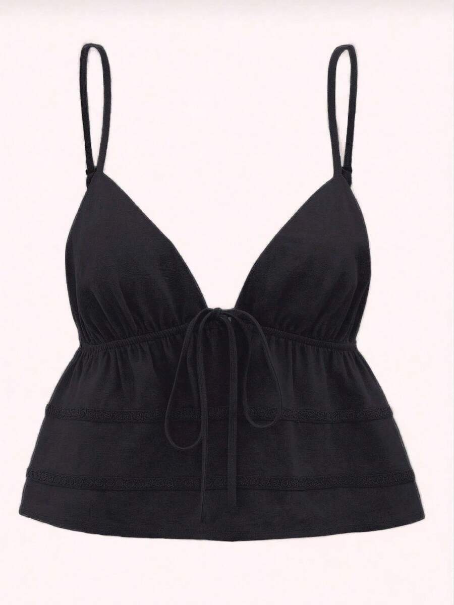 Kliou Fashion Simple Women's Casual Tank Top Plain Lace Top With Bow Summer Knot Beach Vacation - 黑色 - 查看 1