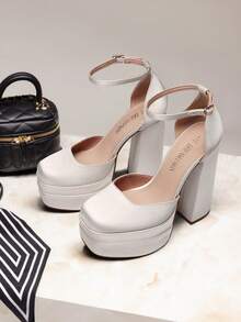 Women High Chunky Platform Closed Toe Block Heels Square Toe Ankle Strap Dress Wedding Party Festival Prom Pumps Shoes - WHITE-SATIN - 查看 2