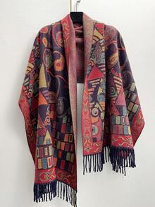 FADZOYLE 1 Stück Damen Retro Stil Vintage Geometrie Muster Schal mit Quasten Pashmina Umhang Haarwickel, weich wie Kaschmir, für Winter Herbst warm und windundurchlässig, für den täglichen Gebrauch, Reisen, Büro und als Geschenkzubehör - Verschiedenfarbig - Übersicht 2