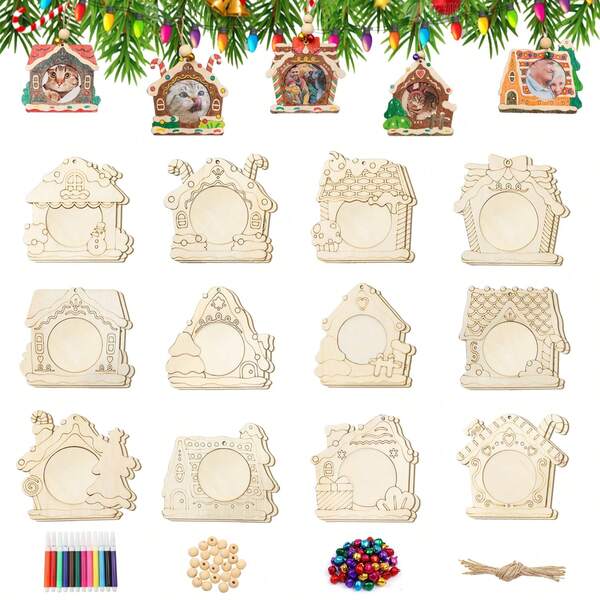 YESTARY 20/24/30 Pcs Christmas Picture Frame Ornament, Unfinished Hanging Wood Photo Ornaments To Paint With Various Classic Christmas Elements, Colored Markers, Bells, Twine For Christmas Tree Decorations, Family Activities, Holiday Hanging Decorations