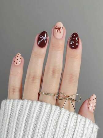 24pcs Short Oval Cute Polka Dot Nails And Bow Pattern Design White French Tip Press On Nails Short Fit Perfectly Acrylic Fake Nail Set ,Include:1pc Jelly Glue And 1pc Nail File, Valentine Nails And French Tip Nails For Women And Girls Daily Life And Party Valentine's Day Use