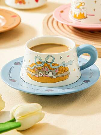 1件套卡通蝴蝶结陶瓷杯碟套装，可爱小猫牛奶杯，少女宠物爱好者咖啡杯，下午茶杯碟套装，适合花园聊天、家庭聚会、餐厅拍照、咖啡馆、民宿等场合。