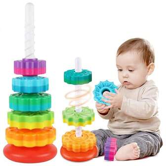 适合1-3岁幼儿的婴儿旋转叠叠乐玩具，彩虹环叠叠乐蒙特梭利玩具，适合6-12个月婴儿，1岁、2岁、3岁男孩女孩圣诞节生日礼物，自闭症感官学习玩具