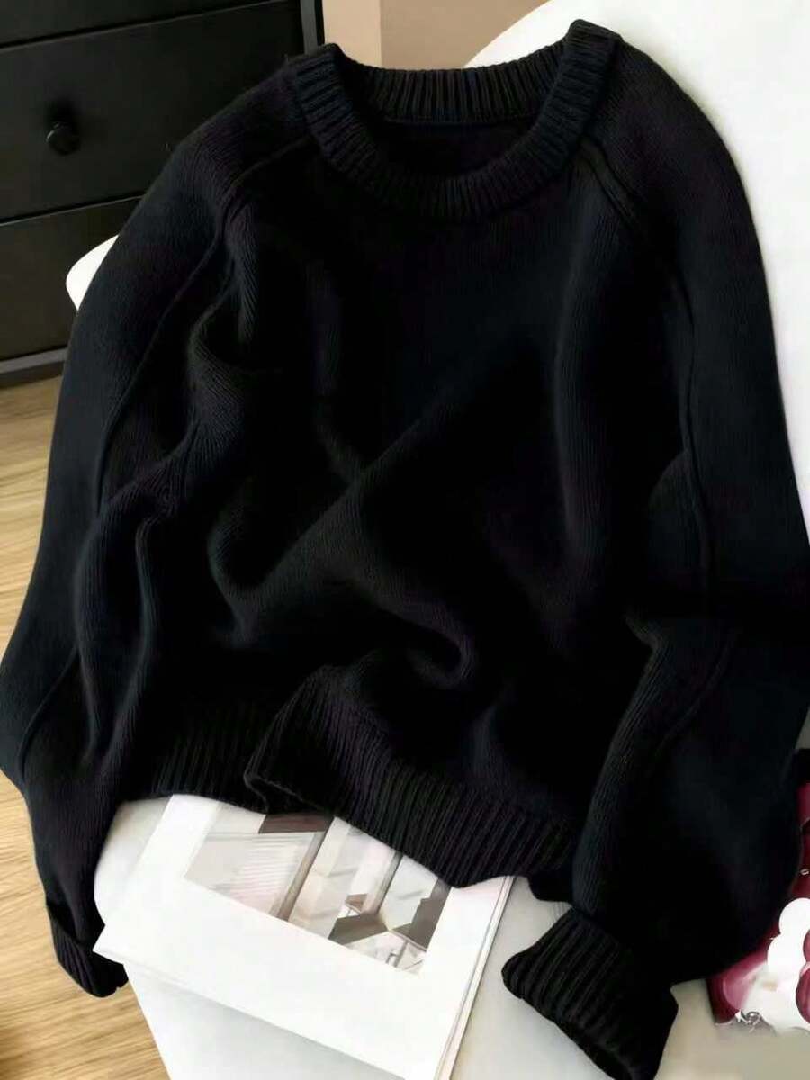 Áo len nữ tay raglan màu trơn, chất liệu mềm mại và ấm áp, thích hợp mặc mùa thu/đông. Màu đen. - màu đen - Xem 1