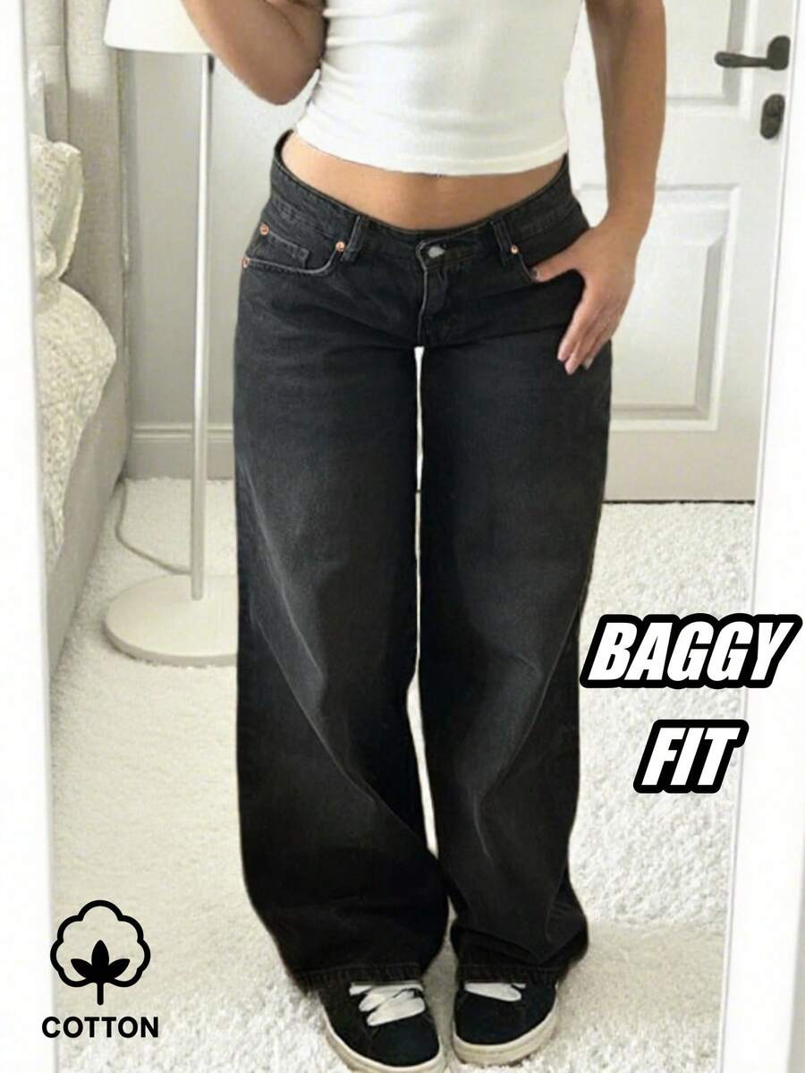 MYOURSA Low Rise Baggy Wide Leg Jeans Streetwear Casual Washed Vinatge Outfits - Black - View 1