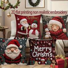 4 piezas Fundas de cojín impresas en terciopelo 2D con diseños navideños de Papá Noel, renos y árbol de Navidad, de 18" X 18", adecuadas para sala de estar, dormitorio, sofá, cama, decoración exterior. No incluye relleno de cojín (no es bordado real)