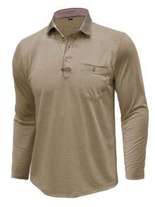 Plus Size Men's Long Sleeve Polo Shirt, Fashionable Turndown Collar Pocket Henley Top - Apricot - View 3