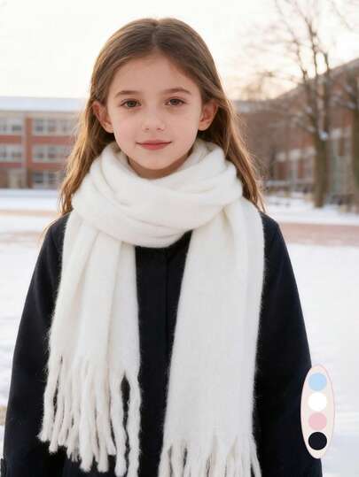 1 pièce Écharpe tricotée en mohair de couleur unie simple pour enfants, écharpe d'hiver épaisse à franges pour garder au chaud à l'extérieur, convient aux enfants de 8 à 16 ans, écharpe pour filles - écharpe de Noël - écharpe pour enfants - écharpe pour garçons - cadeau du Nouvel An