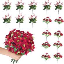 16 Pcs Artificial Poinsettia Bouquet Christmas Fake Flowers With Red Berries Winter Floral For Centerpiece Xmas Indoor Outdoor Drations,26166927 - 紅木色 - 查看 1
