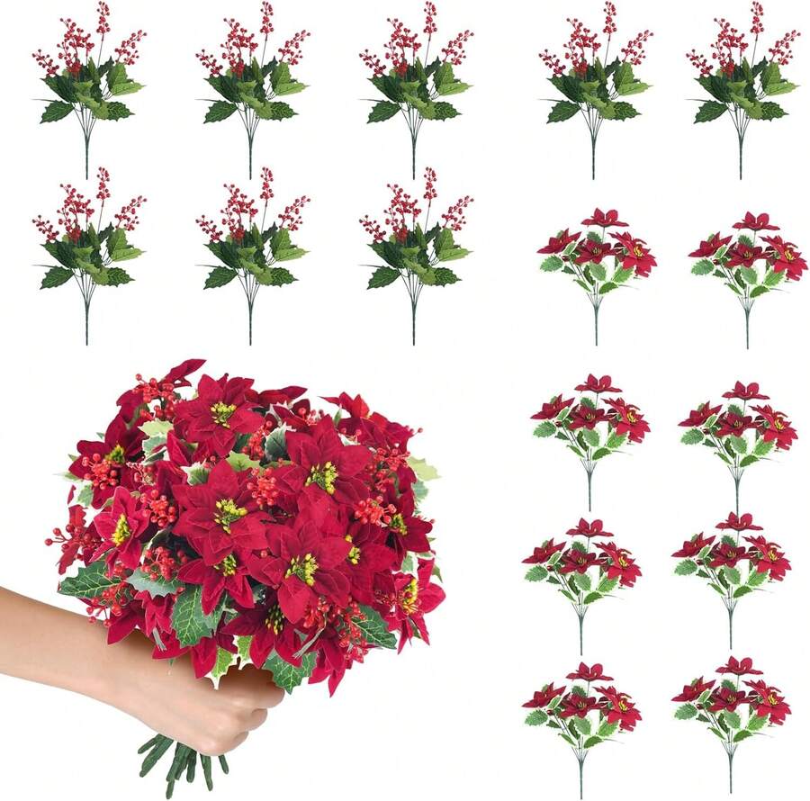16 Pcs Artificial Poinsettia Bouquet Christmas Fake Flowers With Red Berries Winter Floral For Centerpiece Xmas Indoor Outdoor Drations,26166927 - 紅木色 - 查看 1