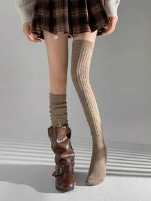 1双女士羊毛加厚保暖袜，纯色简约设计过膝袜，冬季保暖舒适袜