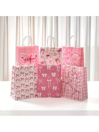 12/24 piezas Bolsas de regalo con tema de lazos rosas - Elegantes bolsas de regalo de papel con asas, adecuadas para bodas, despedidas de soltera, cumpleaños y ocasiones especiales, decoradas con lazos, estrellas y patrones geométricos en tonos rosas, recuerdos de fiesta de boda | Diseño de lazo único | Bolsas con asas resistentes, regalos para despedida de soltera