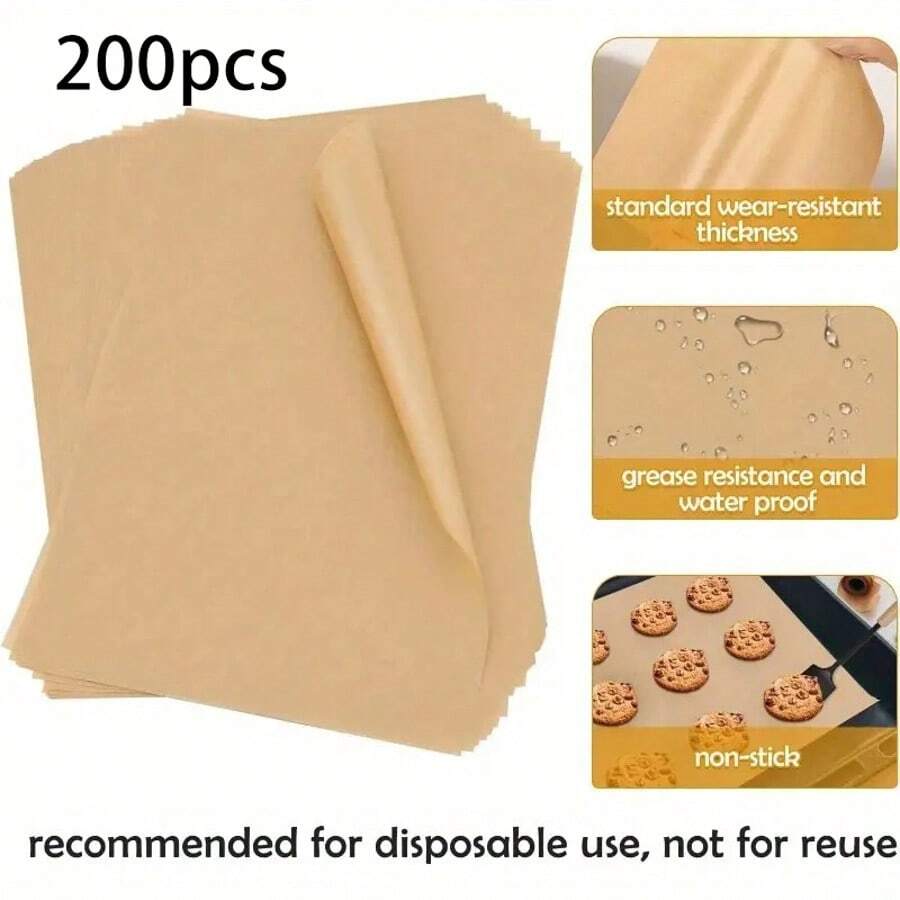 200PCS Unbleached Parchment Paper Sheets, 9 X 13IN Pre-Cut Baking Parchment, Heavy Duty Non-Stick Baking Paper For Half Sheet Cookie Bread Cake Pans, Grilling Meat Pizza, Oven, Air Fryer Halloween Fall Decor Christmas - 棕色 - 查看 1