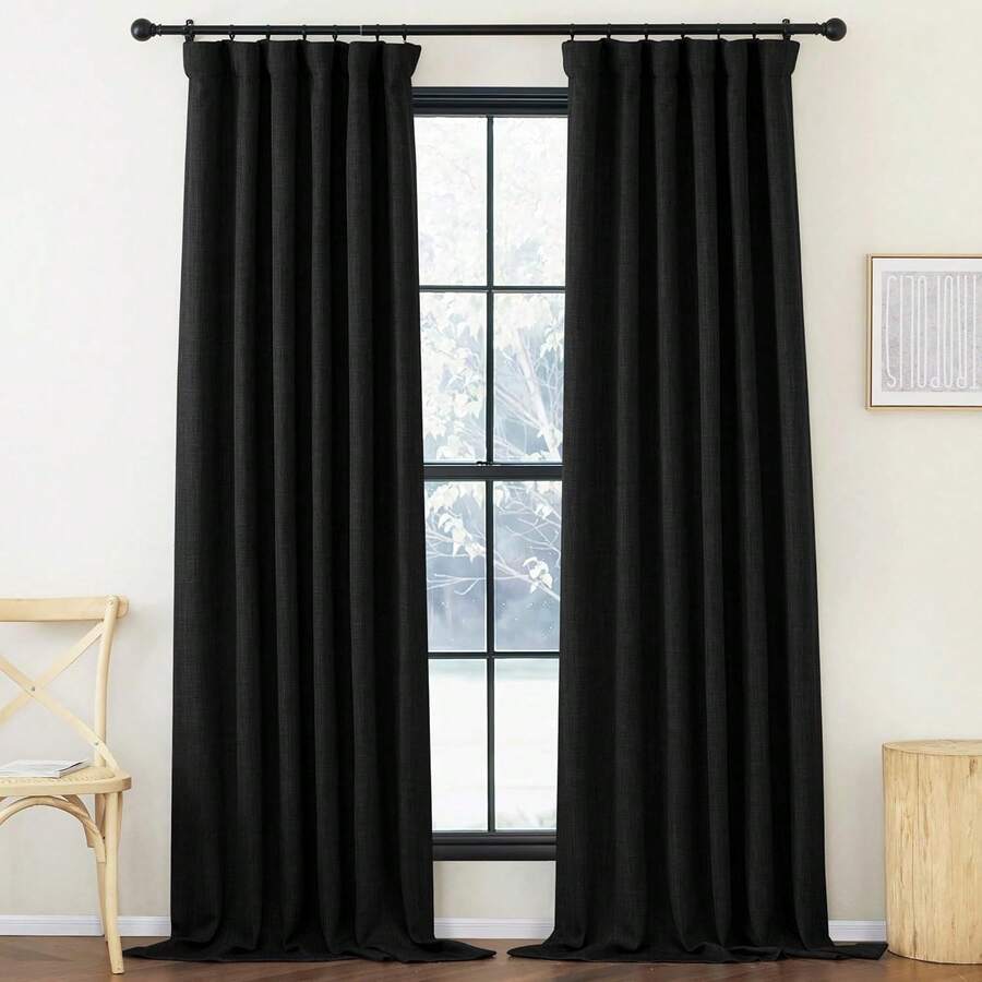 2025 Bedroom Curtains 2 Panels Sets Faux Linen Textured, Pinch Pleated Room Darkening Light/Heat Blocking Window Drapes Thermal Insulated For Living Room, Angora, W50 X L108, 2 Panels - 黑色 - 查看 1