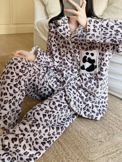 2pcs Women Flannel Gray Leopard Print Sleepwear, Casual Cardigan Fleece Loungewear Set