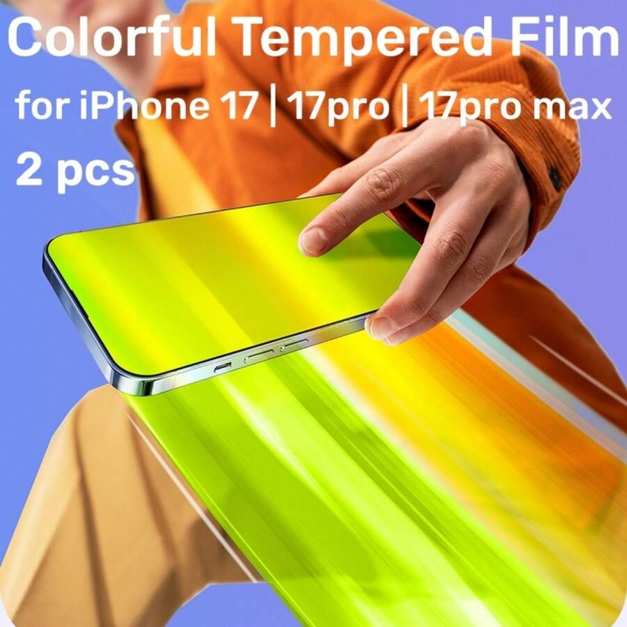 2 piezas Protector de pantalla de vidrio templado con película de color verde y rojo, cobertura de pantalla completa, efecto espejo, antihuellas, antiespía y antiparpadeo para iPhone 17 Pro Max, 17/17pro/16promax/15/14/13/15plus - Láminas anti-mirones coloridas - 2 - Ver 1