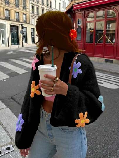 Cardigan de Tricô Colorido Antienvelhecimento Floral 3D de Outono/Inverno para Mulheres