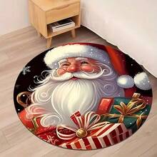 Weihnachts-Rundteppich - Vintage Weihnachtsmann und Rentier Design, fleckabweisend, leicht, maschinenwaschbarer Polyester-Teppich, geeignet für Wohnzimmer, Schlafzimmer, Innenraum-Feiertags-Dekoration, rutschfester Memory-Schaum Küchenteppich - Verschiedenfarbig - Übersicht 8