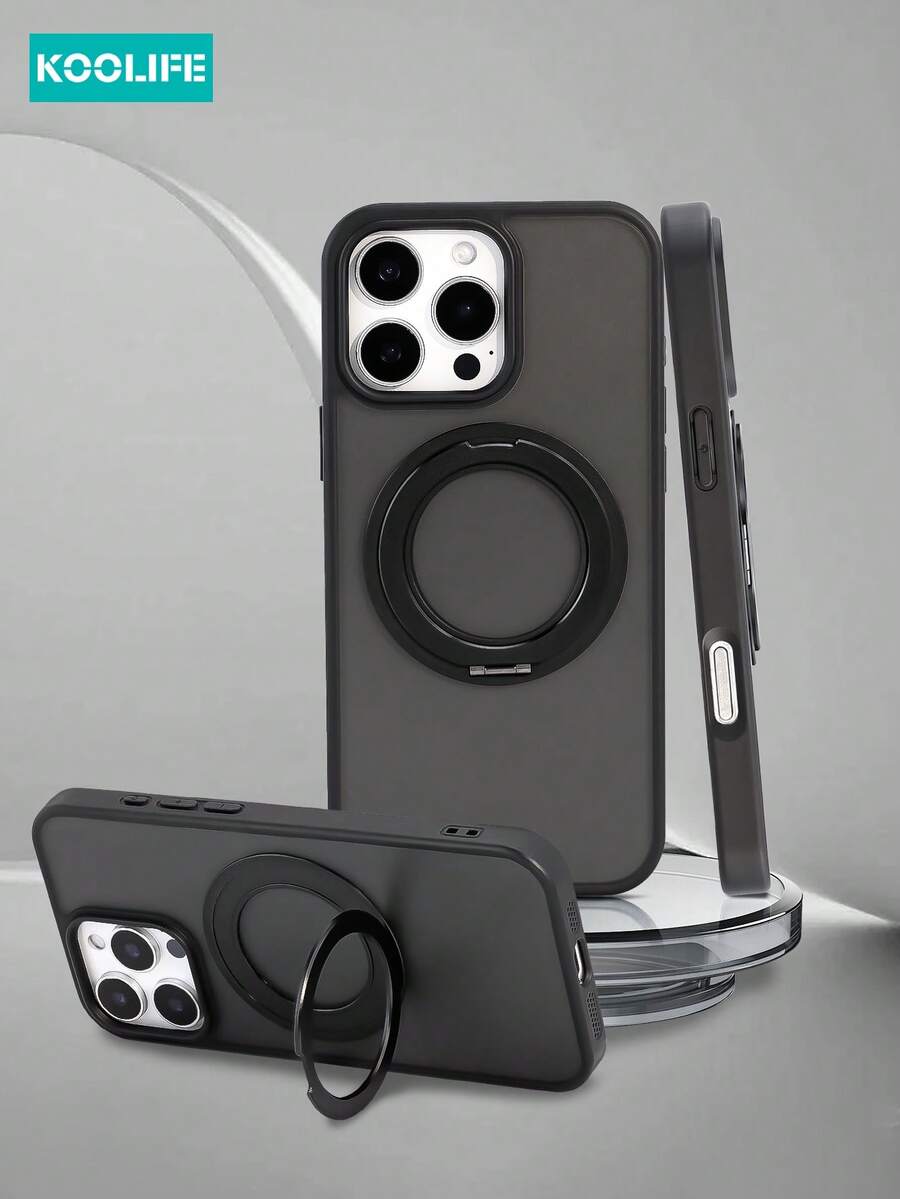 KOOLIFE 1pc 360° Rotating Bracket Large Hole Pivot Shell, Compatible With Iphone 17ro With Magnetic Charging, 2.5mm Backplate, PC+TPU Material, Skin-Friendly Matte, Raised Camera Lens Anti-Drop - Black - View 1