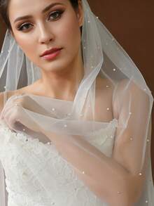 1件仿珍珠水钻新娘头纱，适用于婚礼、婚纱摄影配饰、派对、求婚等场合，可作发梳使用。 - M - 查看 5