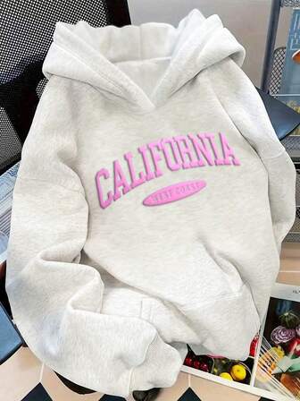 Plus Size Elegant Knit Casual Everyday Wear Hoodie Sweatshirt, Plus Size Loose Fit Printed Long Sleeve Hooded Pullover, Suitable For Party, Gathering, Travel, Holiday Gift, Back To School, Christmas, New Year, Valentine's Day