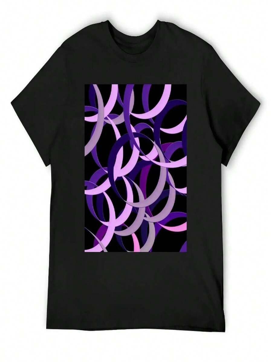 Black And Purple Mod Abstract Circle Geographic Pattern T-Shirt Short Sleeve Tee Kawaii Clothes Luxury Clothes - Black - View 1